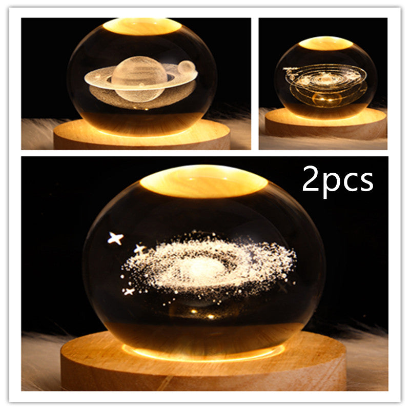 LED Galaxy Crystal Ball Night Light With Solid Wood Base