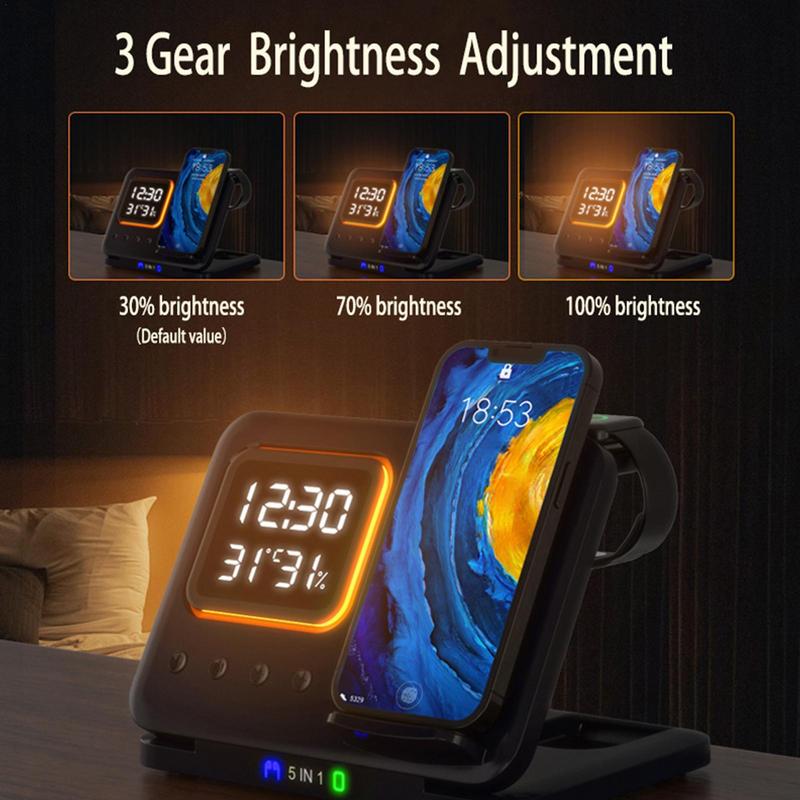 5 In 1 Wireless Charger Stand With LED Alarm Clock And Display