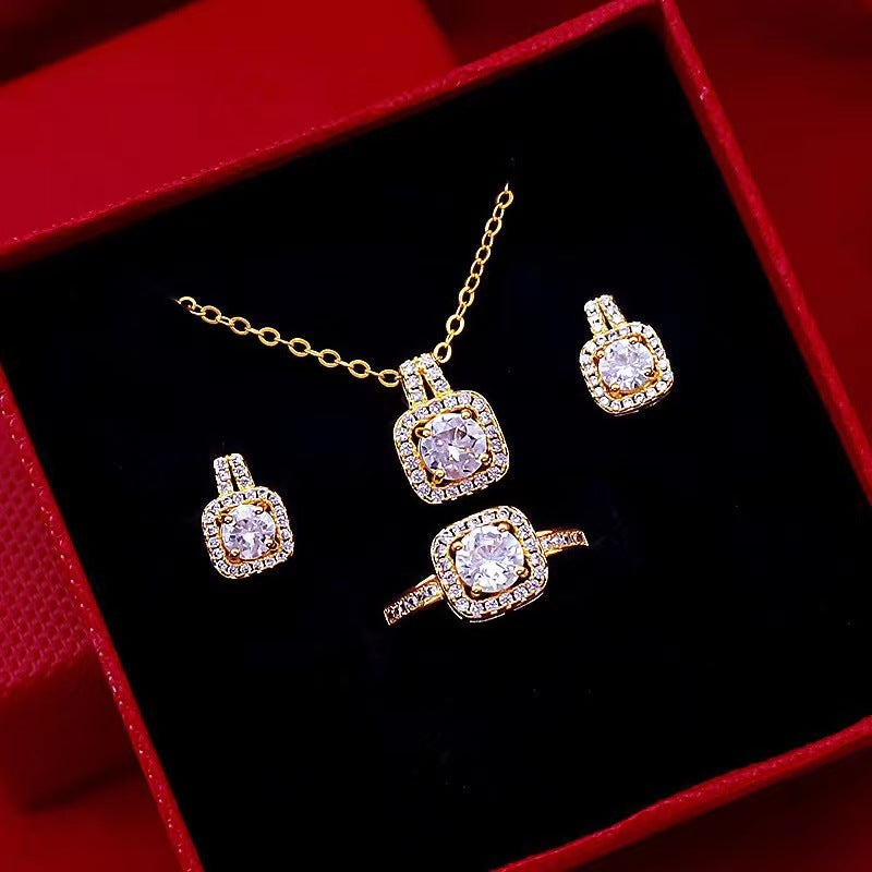 Zircon Pendant Necklace, Stud Earrings And Ring Jewellery Set