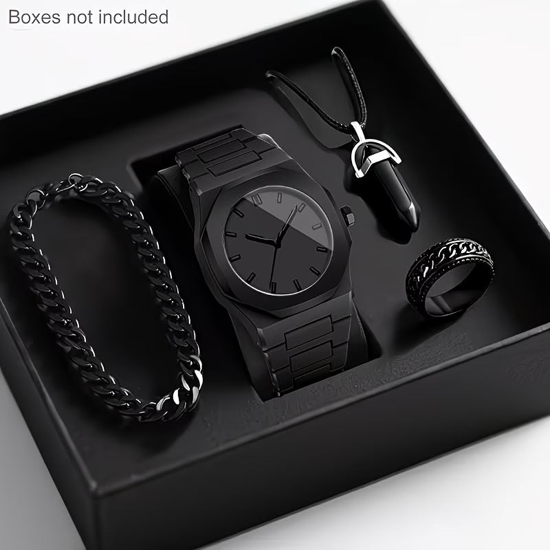 Men's Quartz Watch with Necklace, Bracelet and Ring Gift Set