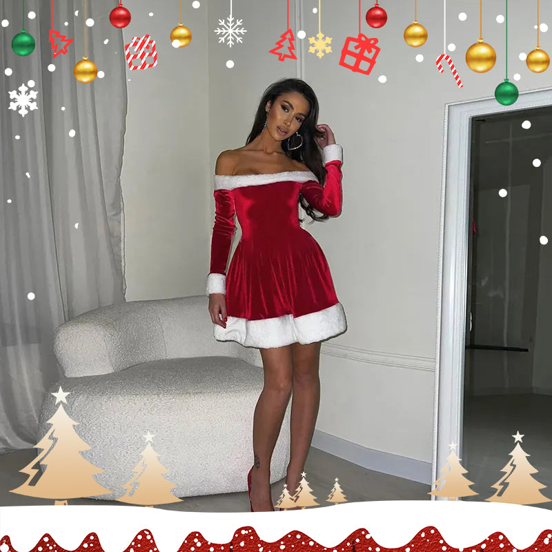 Women's Santa Christmas Dress with Plush Trim Off-Shoulder