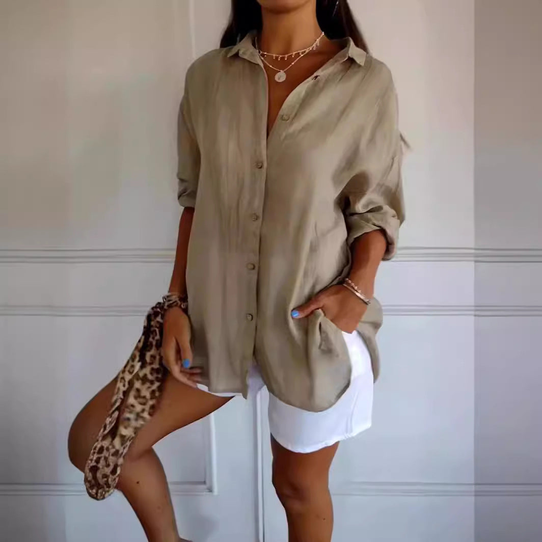 Women's Pleated Single-Breasted Lapel Shirt, Loose Fit, XS to 5XL