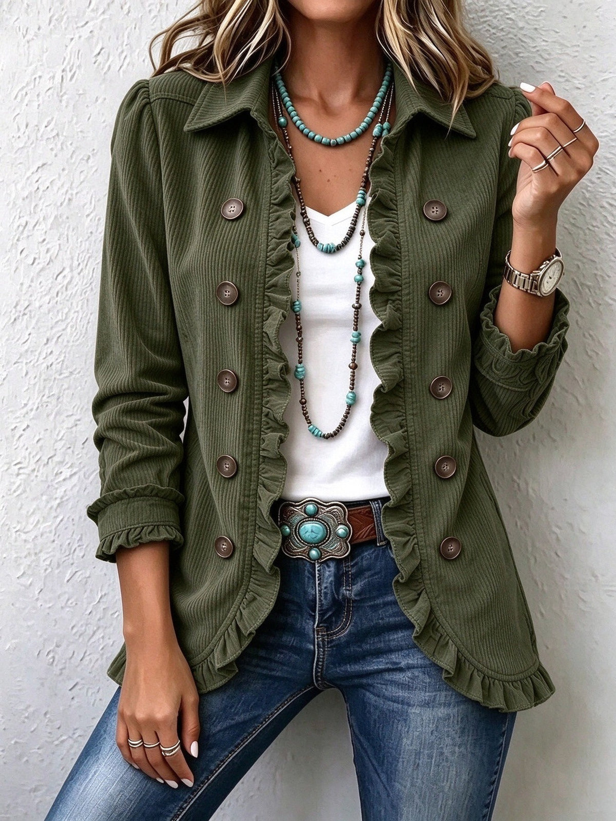 Women's Ruffled Long-Sleeve Knit Cardigan With Buttons