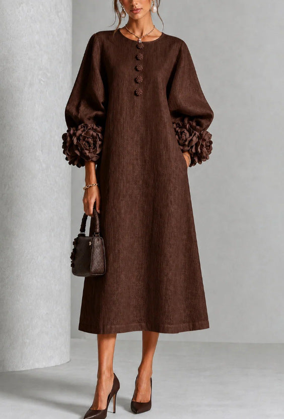 Floral Puff Sleeve A-Line Dress With 3D Flowers For Parties