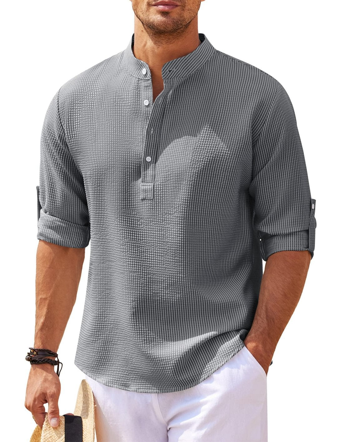 Men's Long Sleeve Stand Collar Shirt, Solid Colour Casual Top