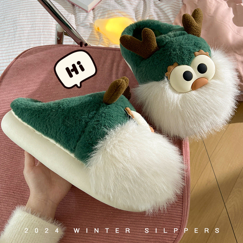 Cute Cartoon Christmas Deer Cotton Slippers Half-Wrap Style