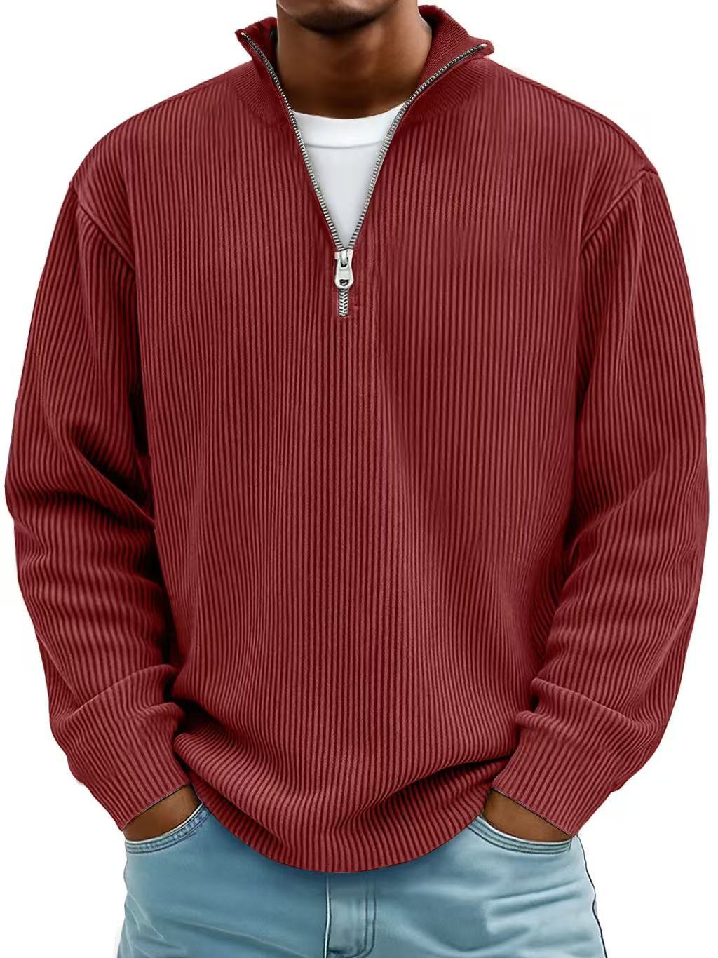 Corduroy Zip-Up Stand Collar Sweatshirt, Warm Solid Colour Top for Men