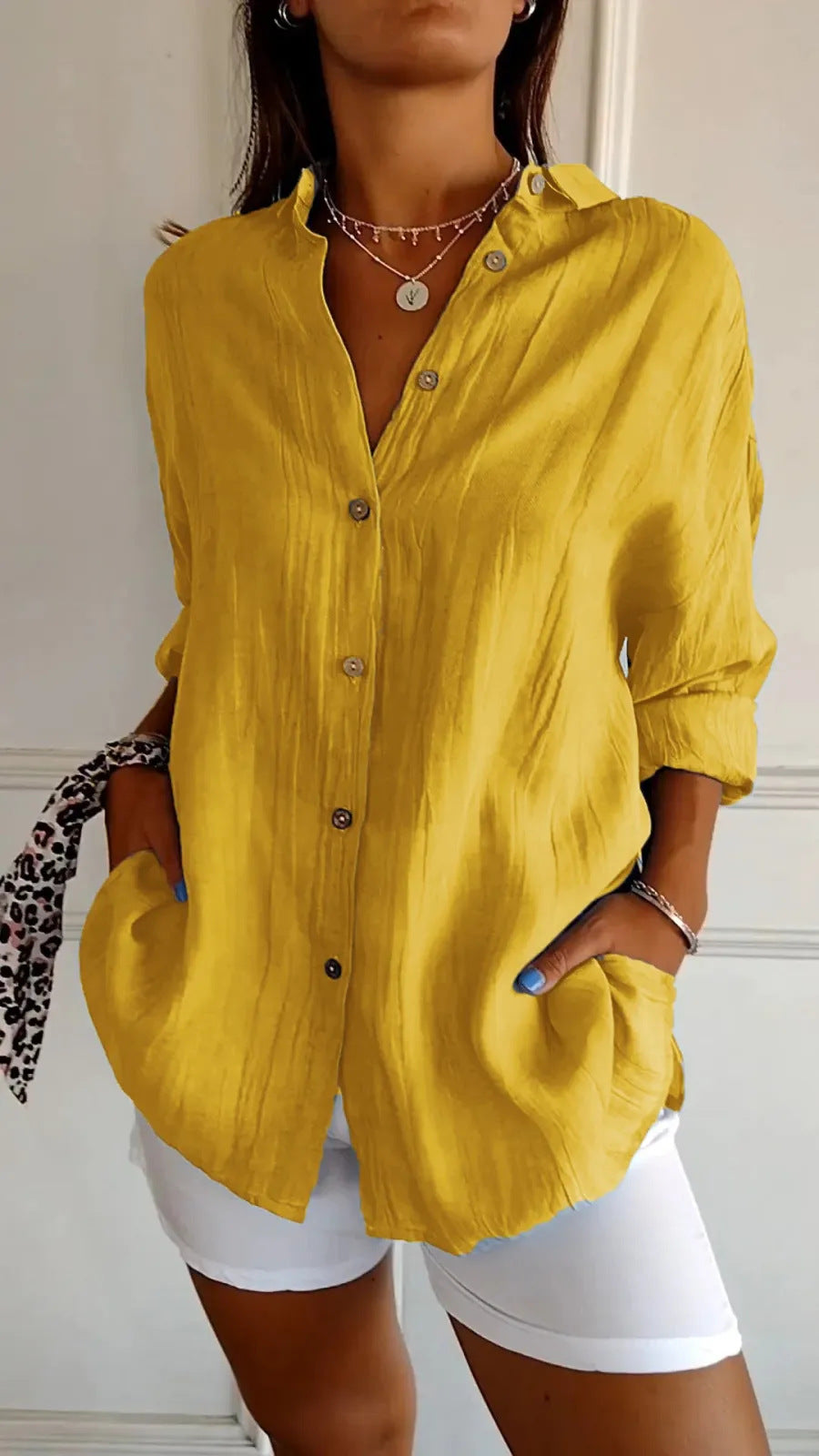Women's Pleated Single-Breasted Lapel Shirt, Loose Fit, XS to 5XL