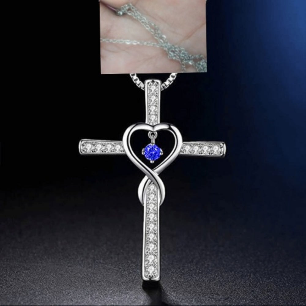 Birthstone Crystal Cross and Heart Pendant Necklace, Gold-Plated
