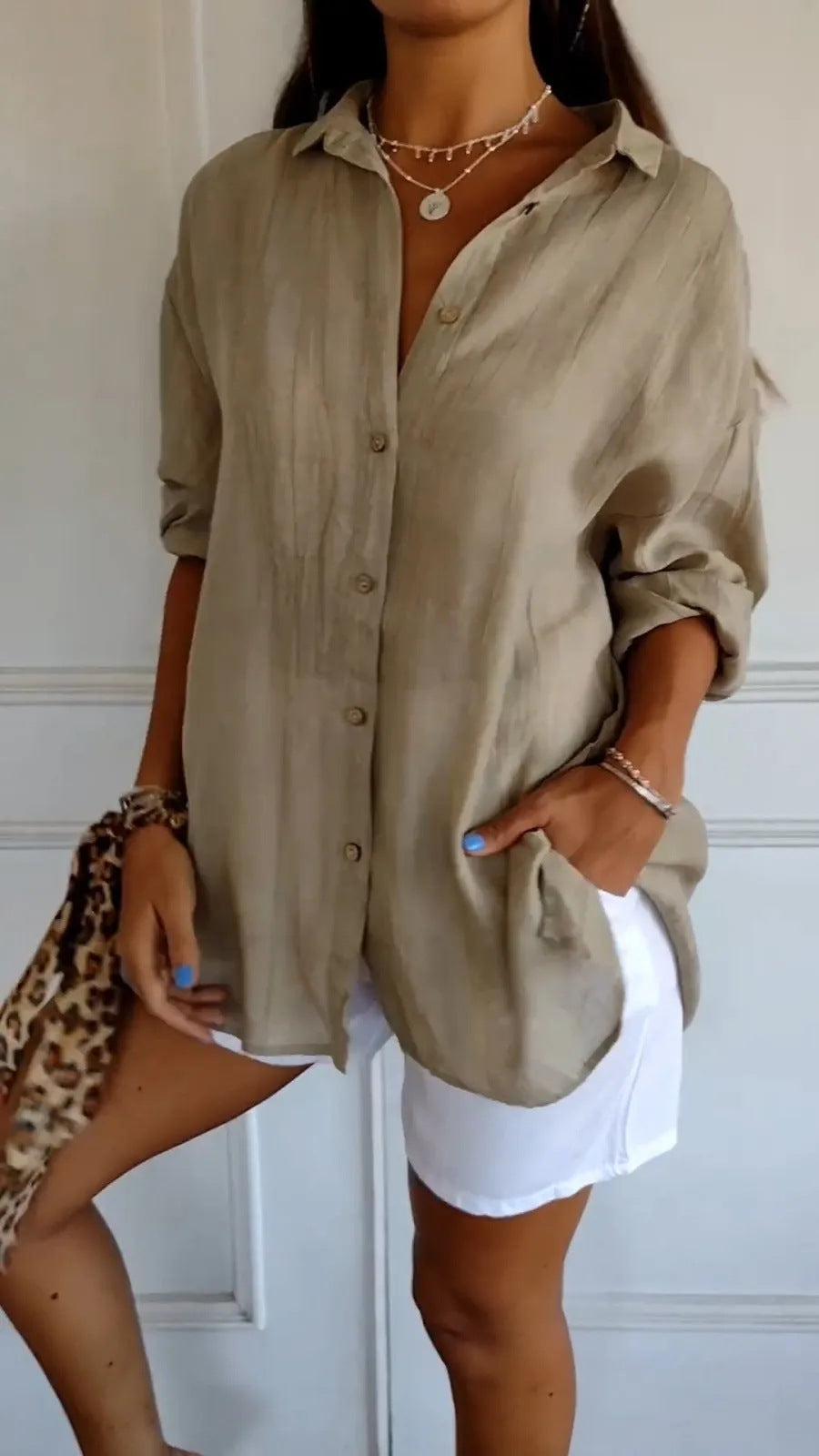 Women's Pleated Single-Breasted Lapel Shirt, Loose Fit, XS to 5XL