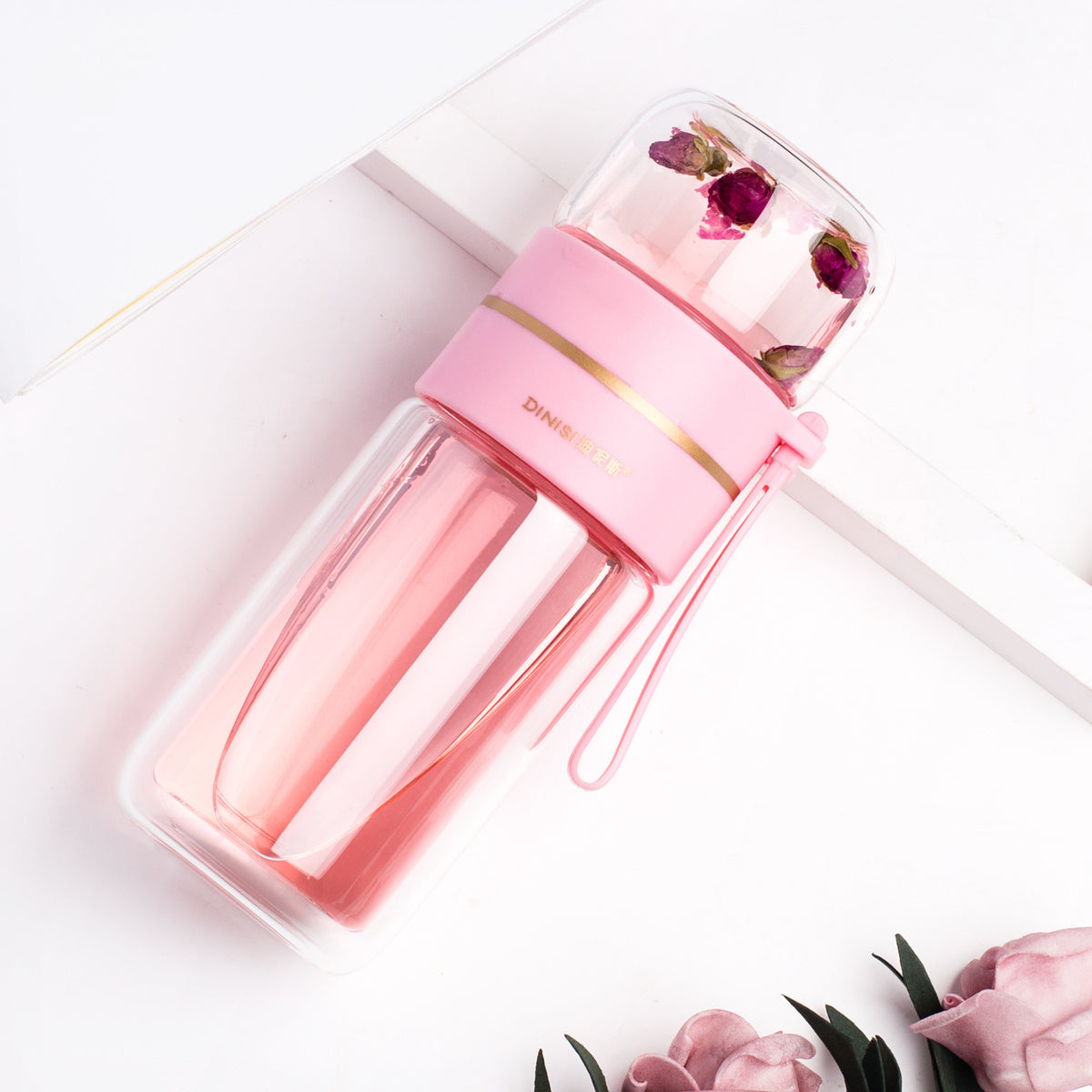 Glass Water Bottle with Tea Infuser, Double Wall Leakproof Flask