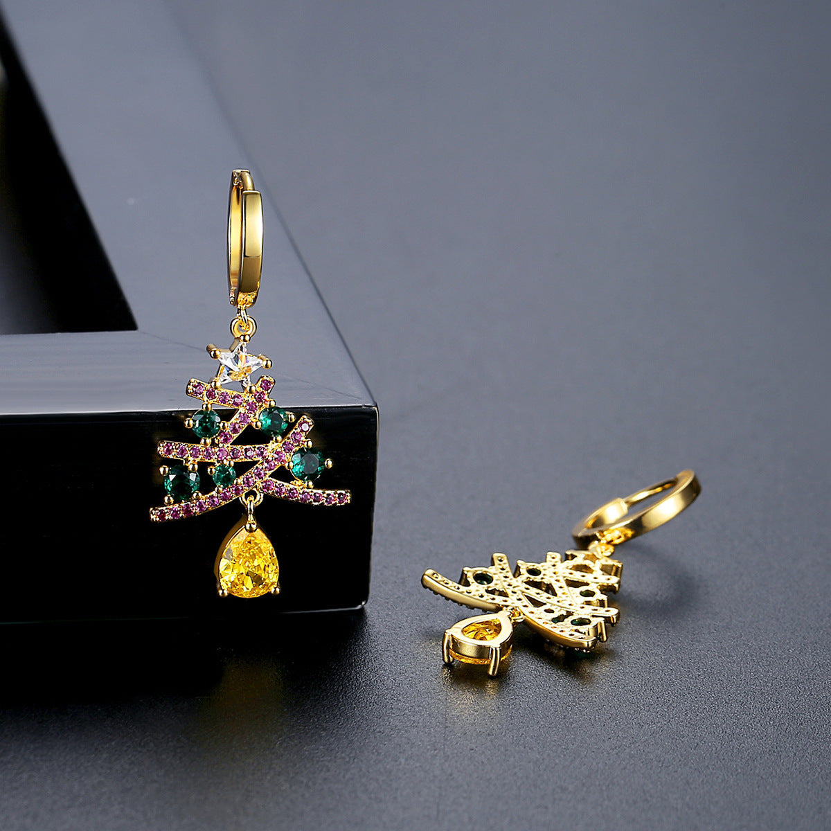 Colourful Rhinestone Christmas Tree Earrings in Gold