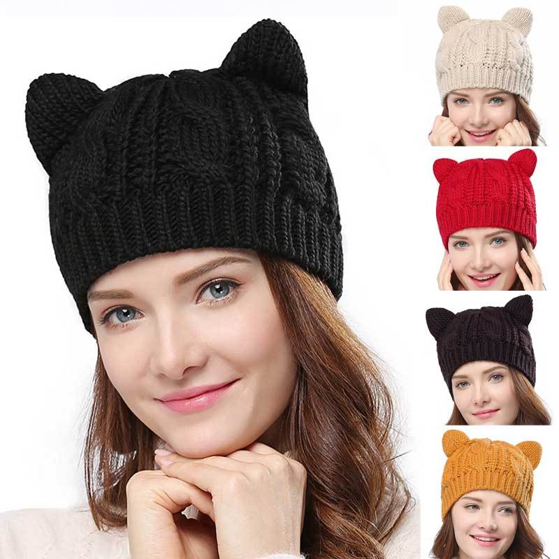 Handmade 3D Knitted Cat Ear Beanie Hat for Winter in Eight Colours