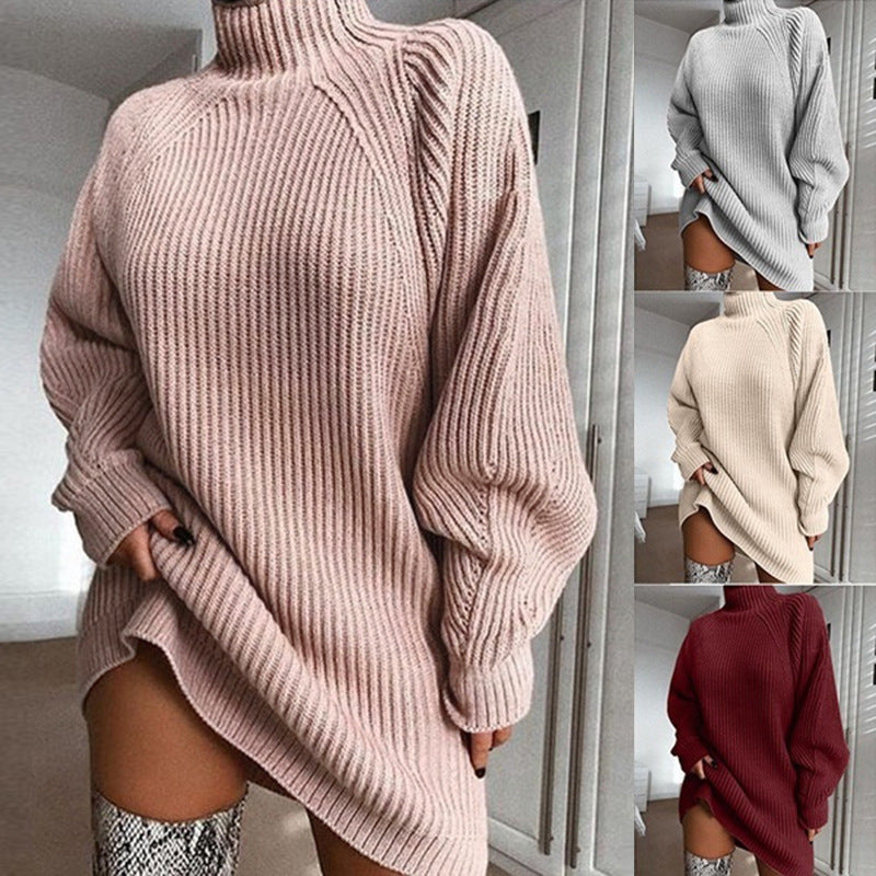 Warm Solid Turtleneck Long Sweater Dress For Women, Winter