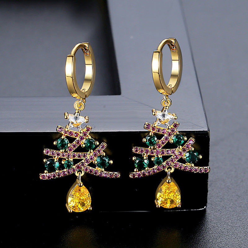 Colourful Rhinestone Christmas Tree Earrings in Gold
