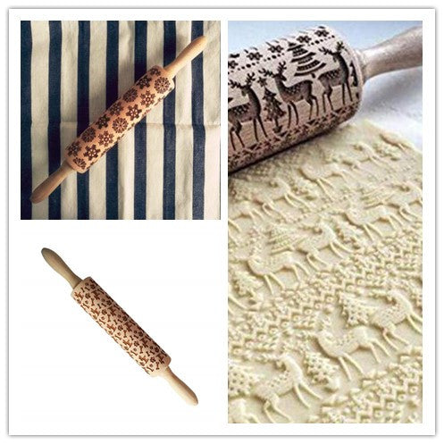 Wooden Christmas Embossing Rolling Pin for Cookies and Dough