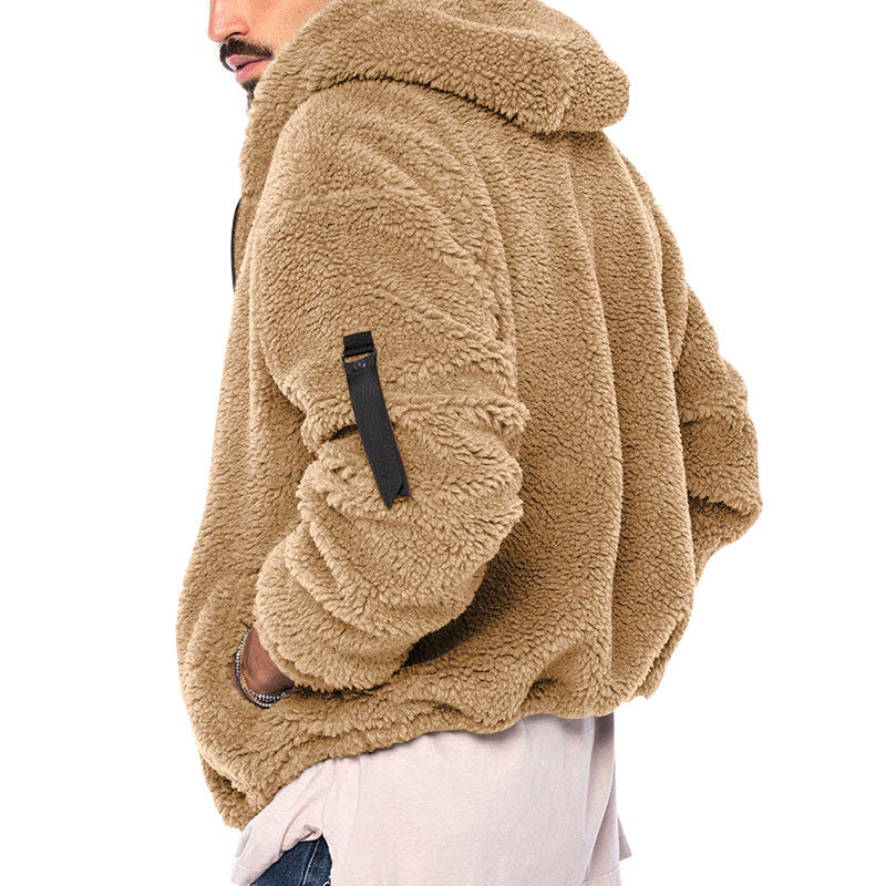 Men's Plush Hooded Fleece Jacket, Double-Sided Warm Zip Coat