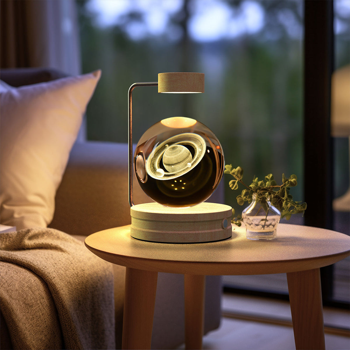 Crystal Ball Night Light With 3D Pattern On Wooden Base