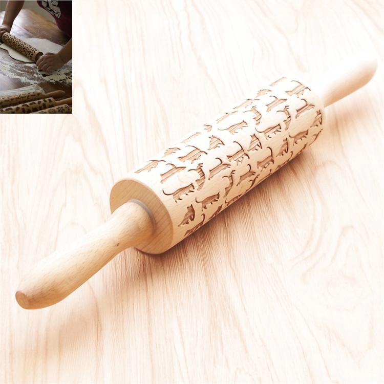 Wooden Christmas Embossing Rolling Pin for Cookies and Dough