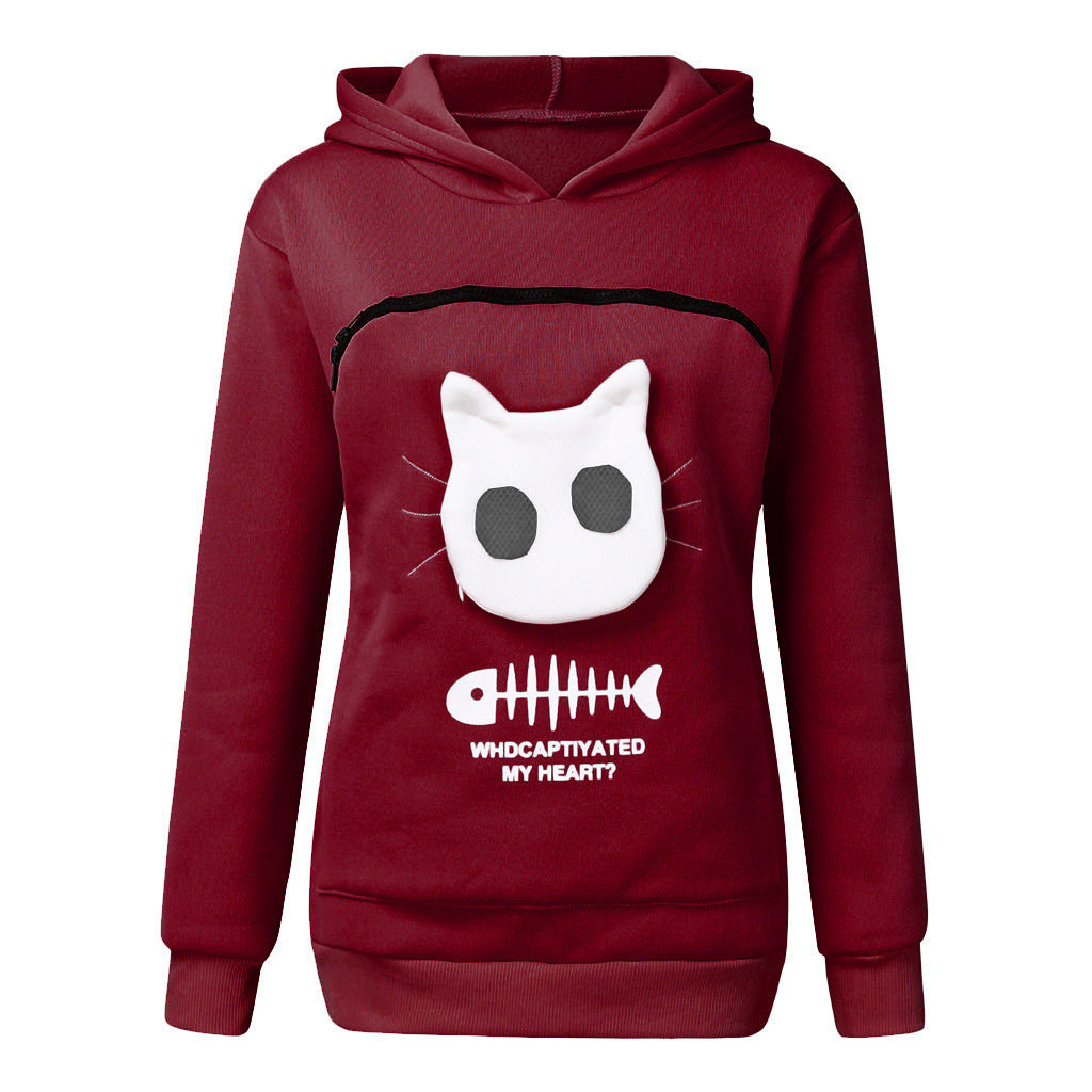 Women's Cat Pocket Hoodie Sweatshirt with Long Sleeves, Cosy Fit