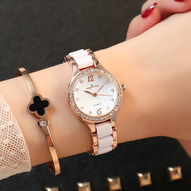 Women's Luxury Quartz Wrist Watch with Diamond Dial and Gift Box