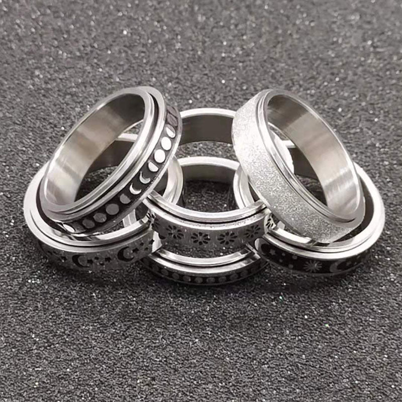Stainless Steel Spinner Ring With Moon And Stars Design