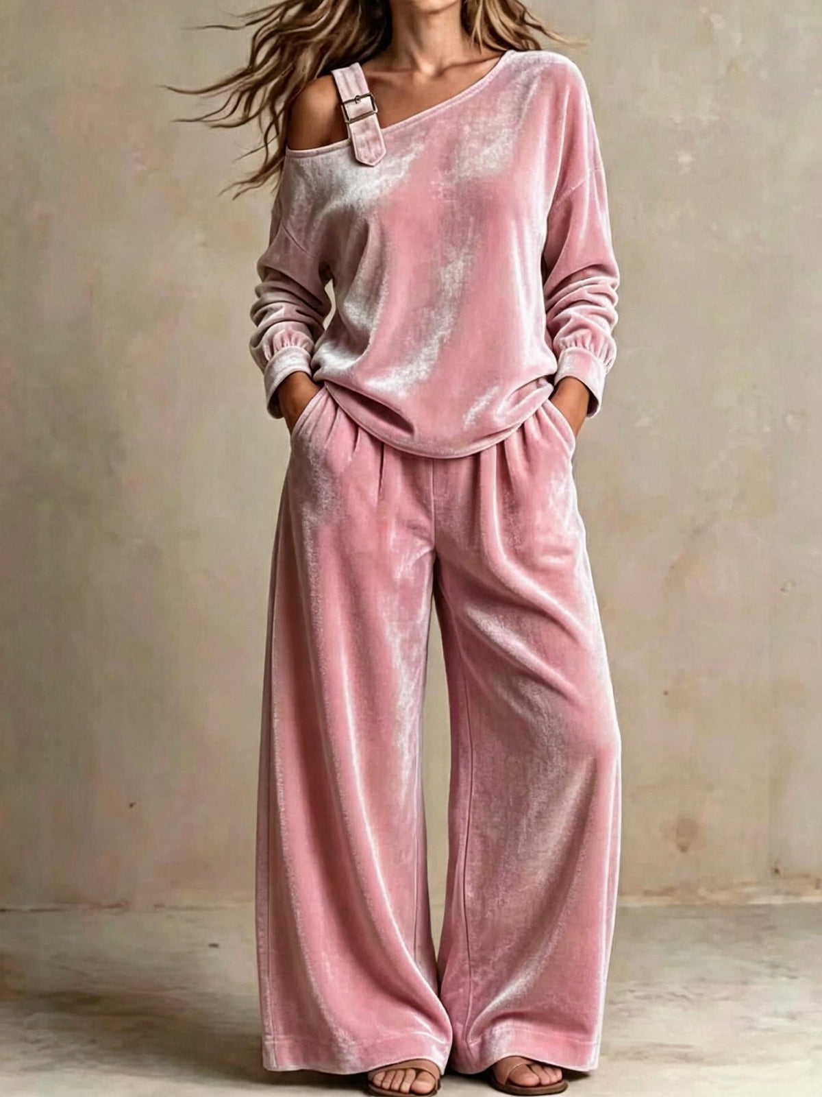 Women's Velvet Off-Shoulder Two-Piece Set, Soft Casual Outfit