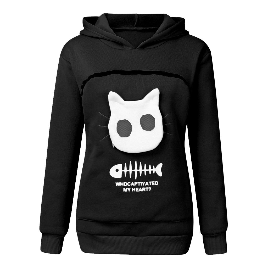 Women's Cat Pocket Hoodie Sweatshirt with Long Sleeves, Cosy Fit