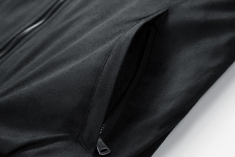Men's Suede Stand Collar Jacket with Double Zip and Pockets