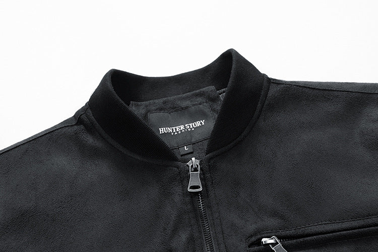 Men's Suede Stand Collar Jacket with Double Zip and Pockets
