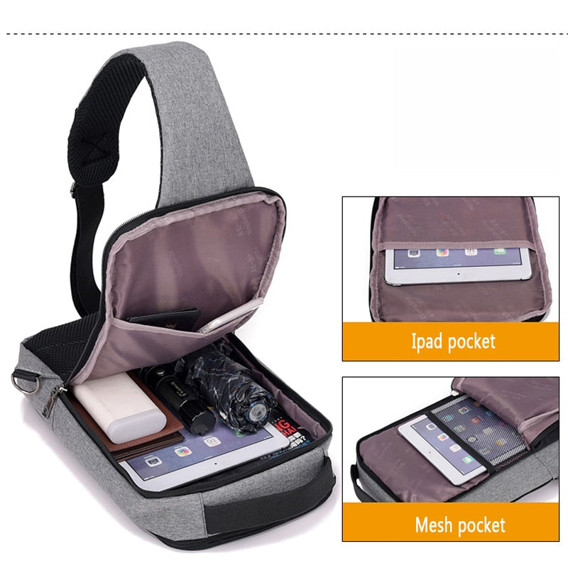 Anti-Theft USB Charging Chest Bag for Men, Polyester Crossbody Sling