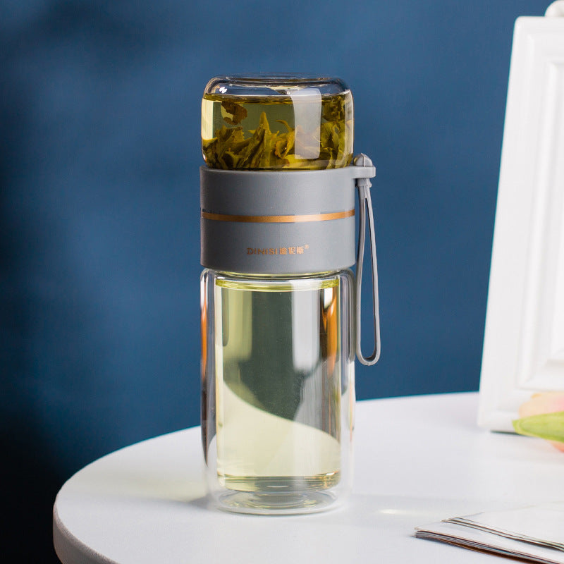 Glass Water Bottle with Tea Infuser, Double Wall Leakproof Flask