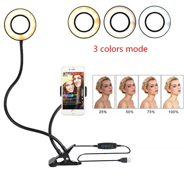Adjustable LED Selfie Ring Light with Clamp Phone Holder