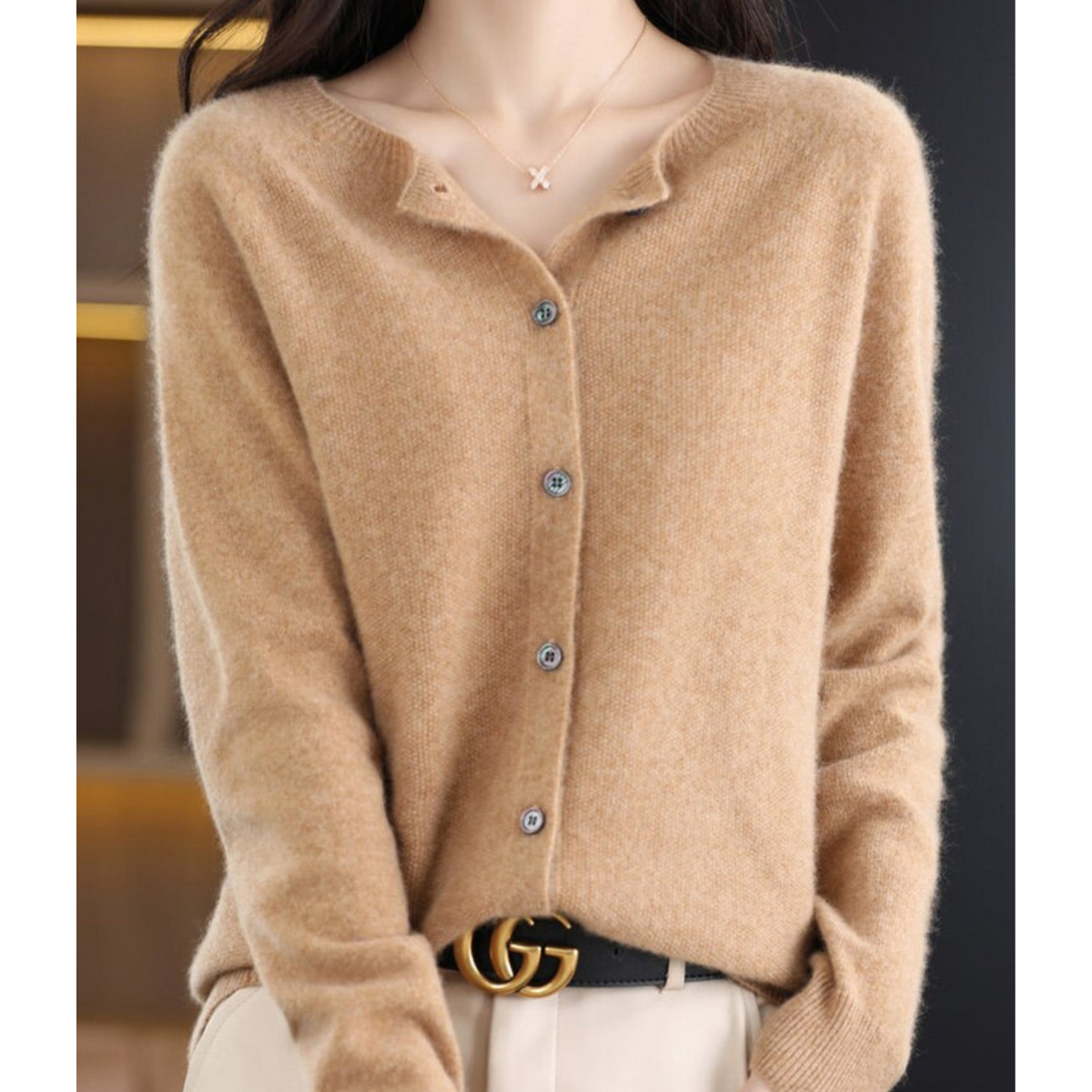 Women's Round-Neck Cardigan with Long Sleeves and Buttons