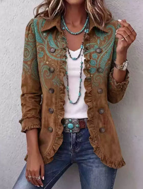 Women's Pleated Lapel Blazer Jacket, Solid Colour Ruffled