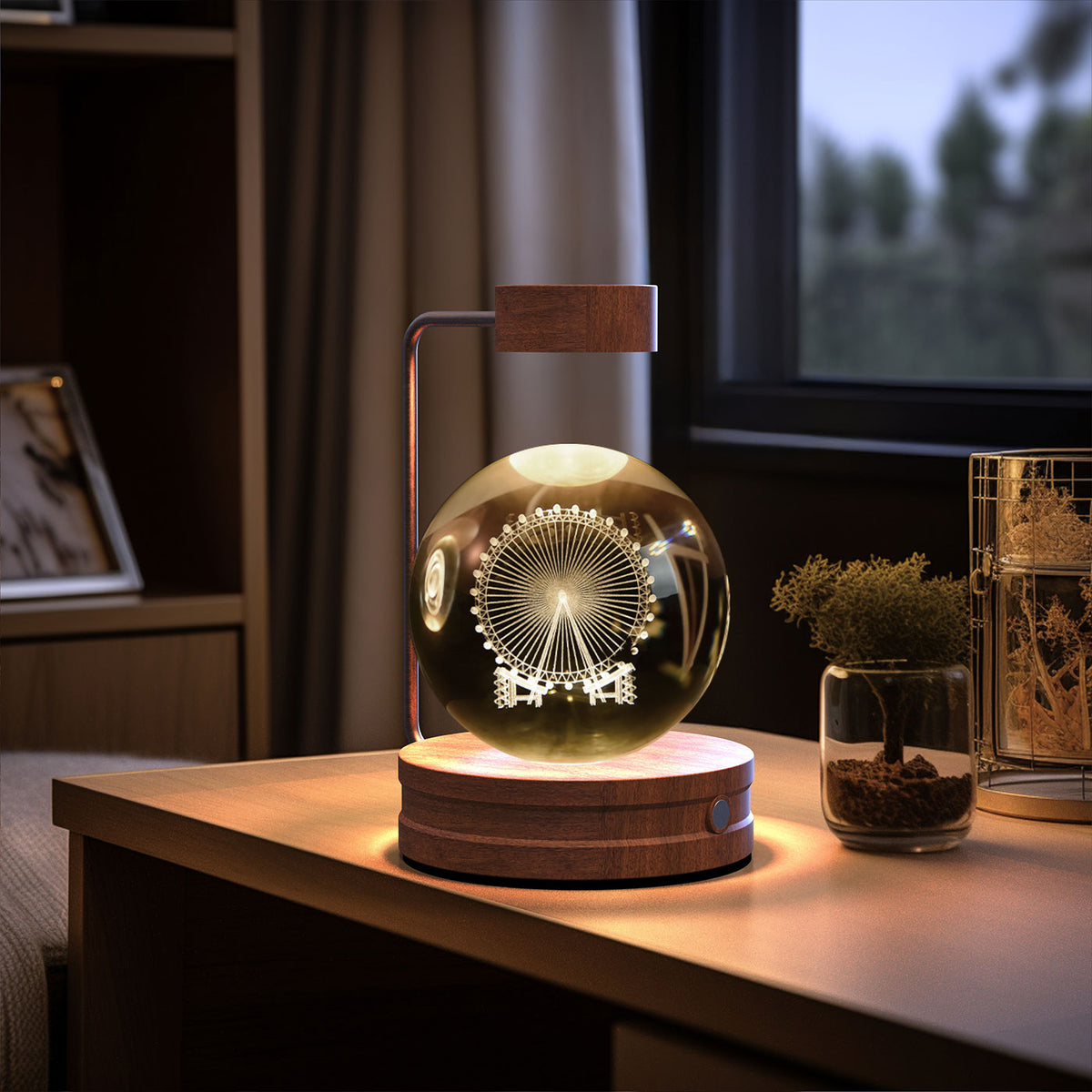Crystal Ball Night Light With 3D Pattern On Wooden Base