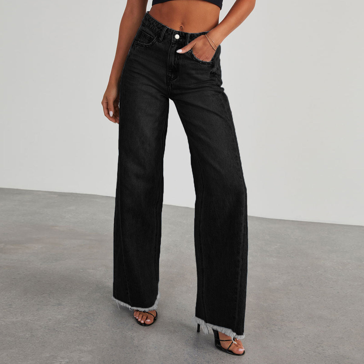 Women's High-Waist Straight Wide-Leg Jeans with Pockets