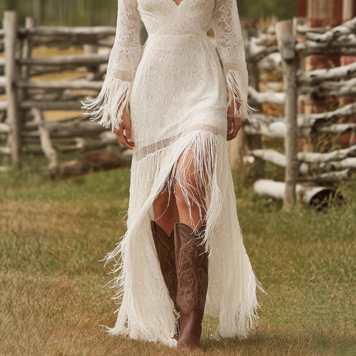 Vintage Boho Tassel Dress for Women, White Lace V-Neck Fringe Sleeve