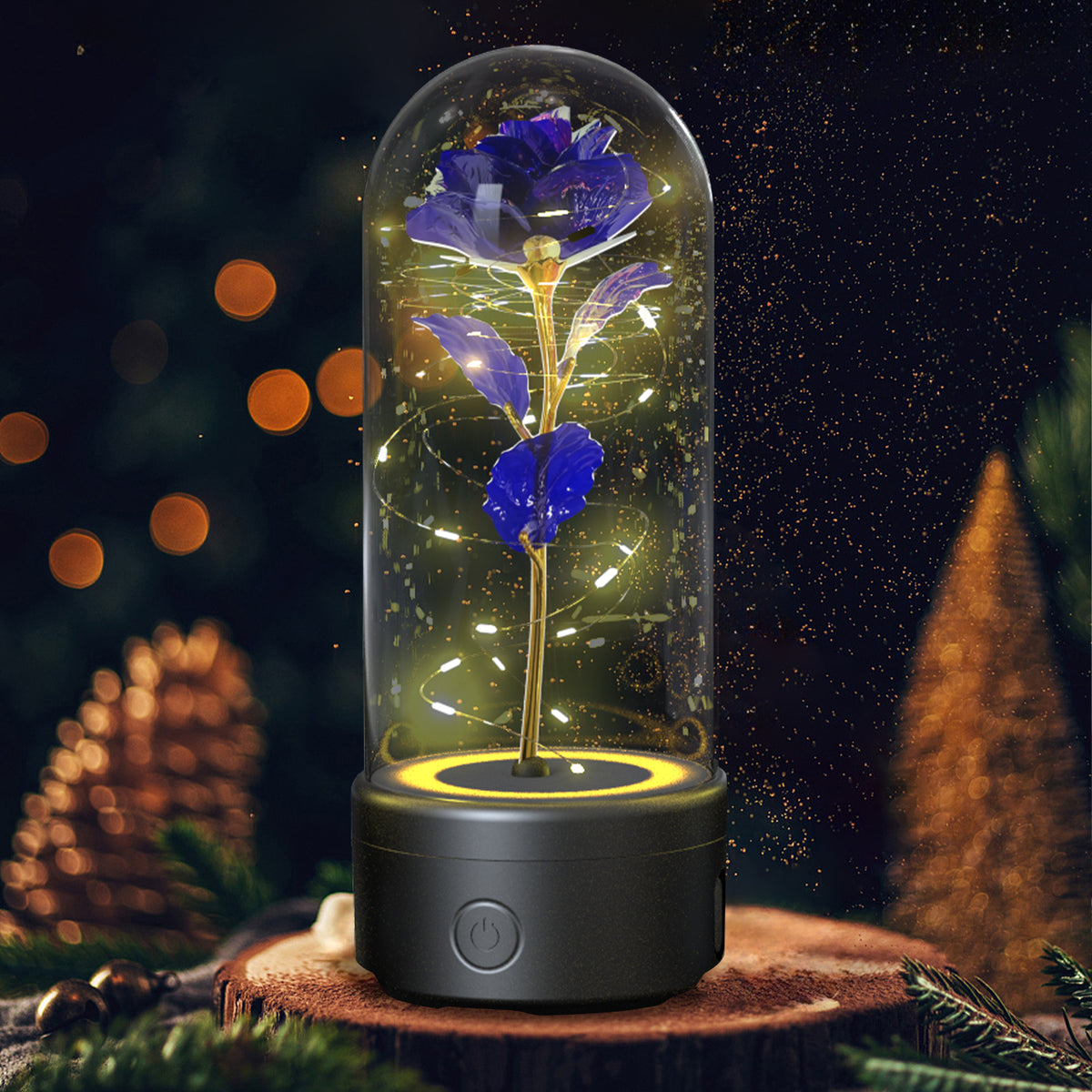 Rose Flower LED Night Light With Bluetooth Speaker In Glass Dome