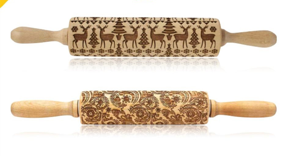 Wooden Christmas Embossing Rolling Pin for Cookies and Dough