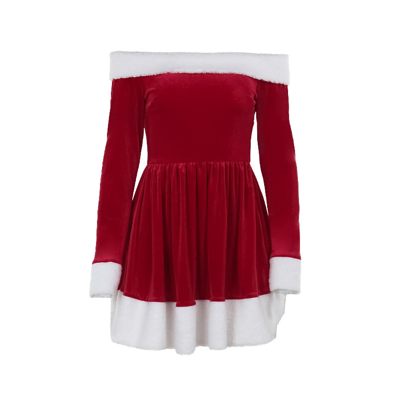 Women's Santa Christmas Dress with Plush Trim Off-Shoulder