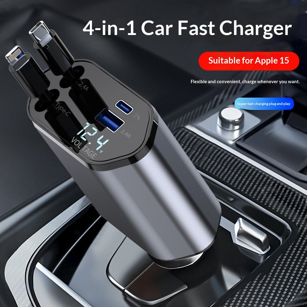 4-in-1 Retractable Car Charger, 120W Fast Charging with USB-C Cables