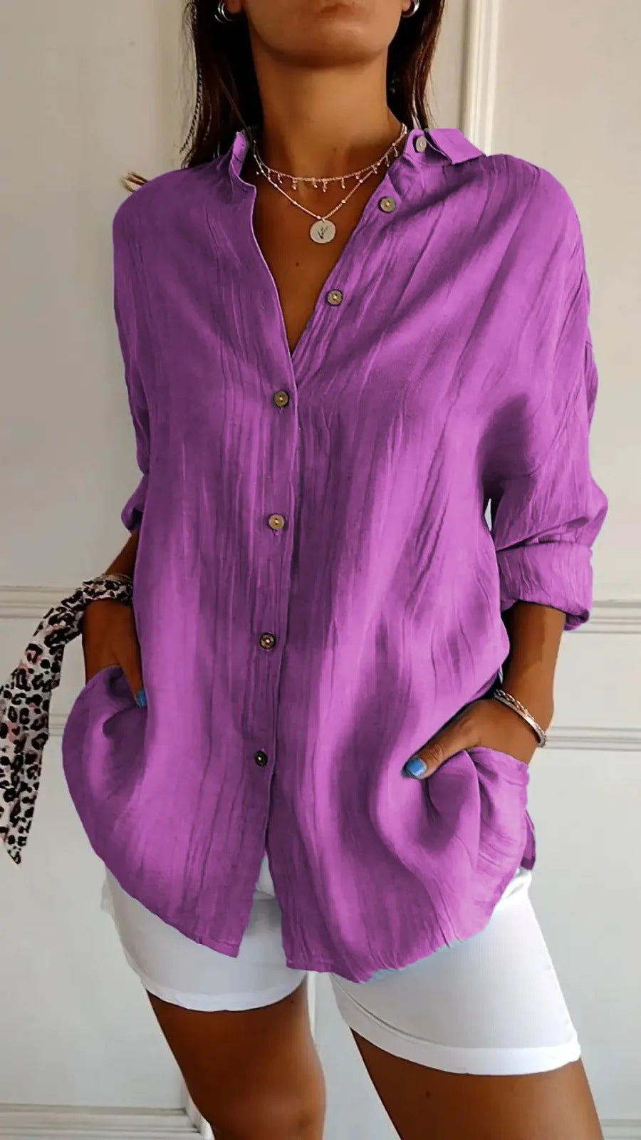Women's Pleated Single-Breasted Lapel Shirt, Loose Fit, XS to 5XL