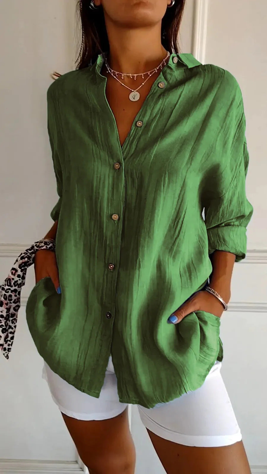 Women's Pleated Single-Breasted Lapel Shirt, Loose Fit, XS to 5XL