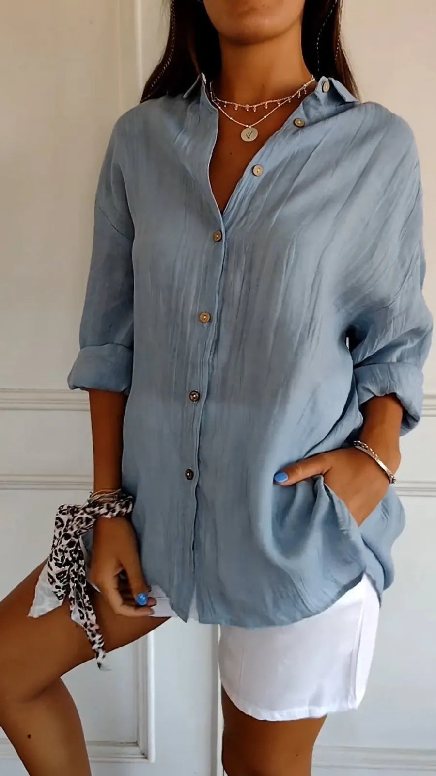 Women's Pleated Single-Breasted Lapel Shirt, Loose Fit, XS to 5XL
