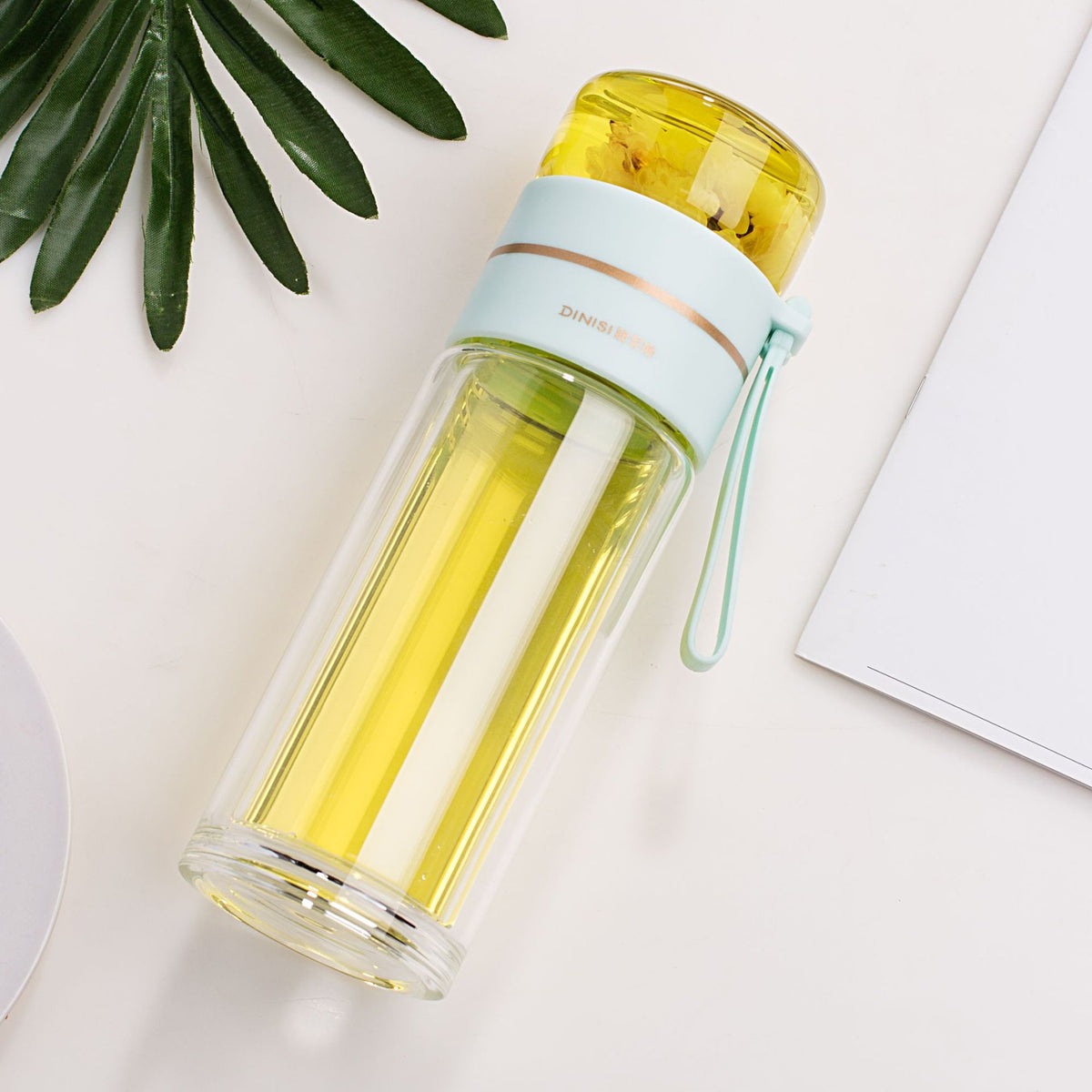 Glass Water Bottle with Tea Infuser, Double Wall Leakproof Flask