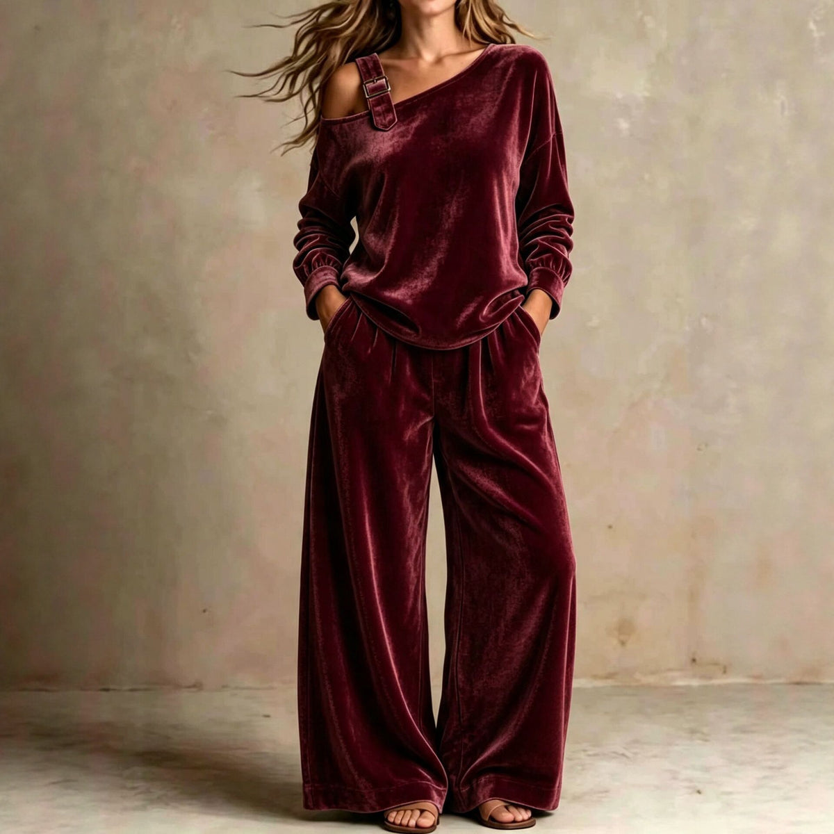 Women's Velvet Off-Shoulder Two-Piece Set, Soft Casual Outfit