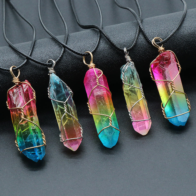 Natural Stone Crystal Pillar Tree Of Life Pendant Necklace