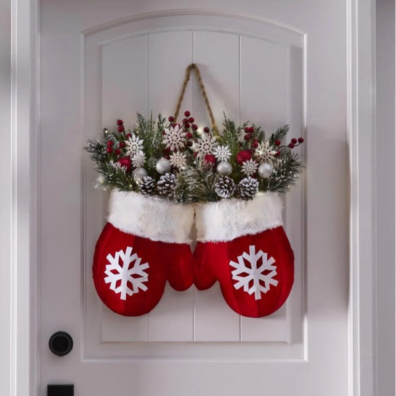 Christmas Glove Garland with Faux Flowers for Doors and Windows