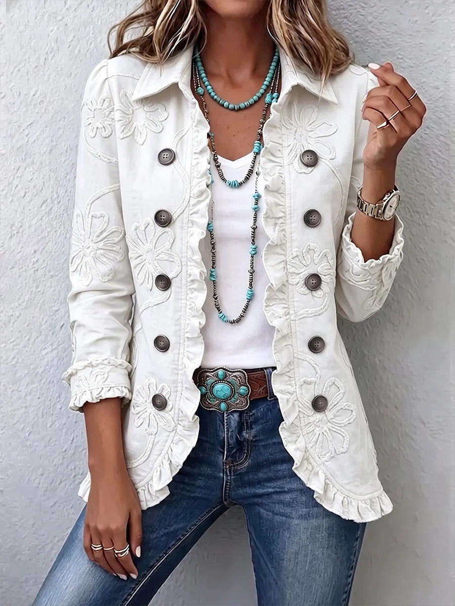 Women's Pleated Lapel Blazer Jacket, Solid Colour Ruffled